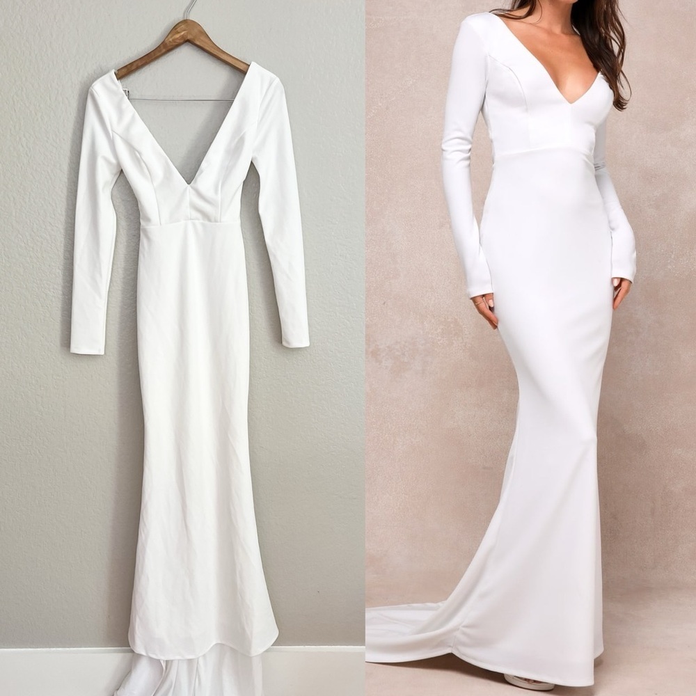 Lulu's White V-Neck Long Sleeve Wedding Dress